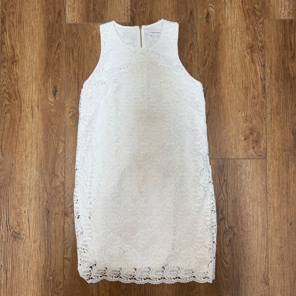 Calvin Klein White Floral Lace Sleeveless Shift Dress Womens 8 Spring Summer